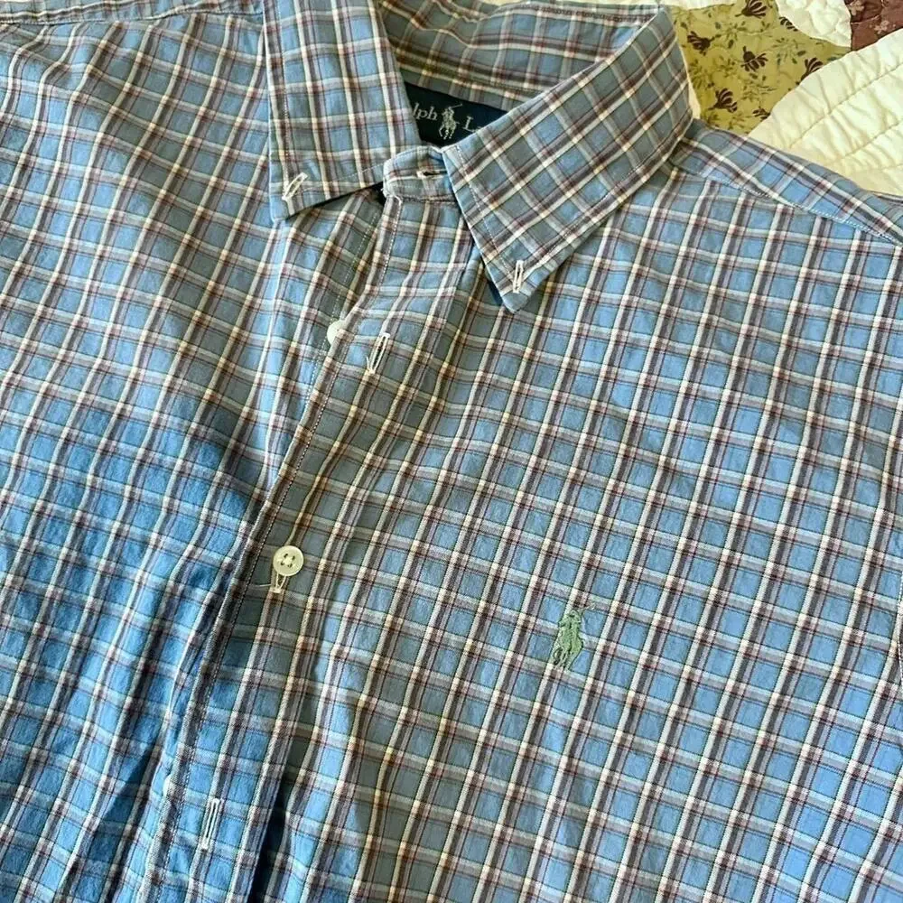 Ralph Lauren light blue plaid 100% cotton button up shirt